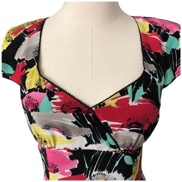 🌺Colorful Abstract Print Dress W/Layers, Sweetheart Neckline, Cap Sleeves, SZ 8 - Picture 5 of 11